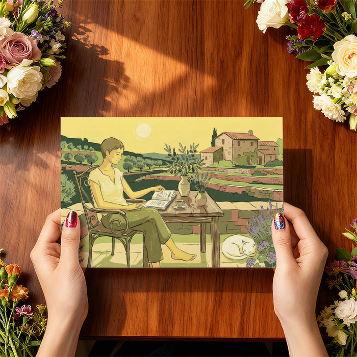 An airy home office space showcasing a cheerful, illustrated summer garden scene on the main wall.