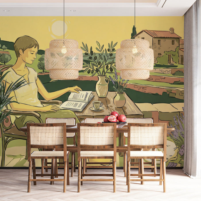 A cozy kitchen dining area featuring a Mediterranean landscape mural behind a wooden table.