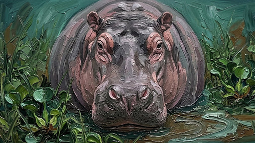 Impressionist oil painting wallpaper featuring a textured hippo face emerging from green marsh waters