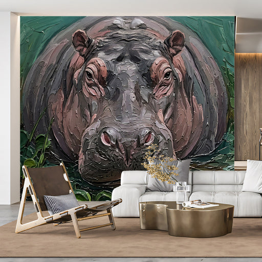 A moody living room interior featuring an impressionist hippo mural as a central art piece