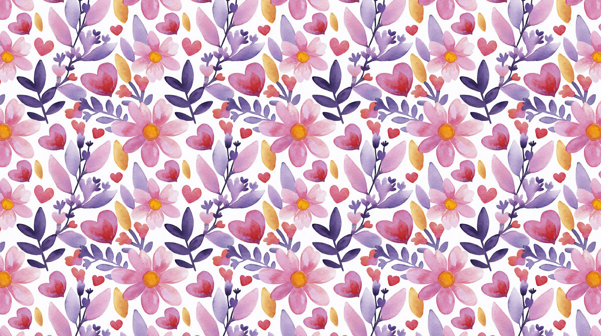 Watercolor pattern with pink flowers, purple leaves, and red hearts on white background