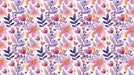 Watercolor pattern with pink flowers, purple leaves, and red hearts on white background