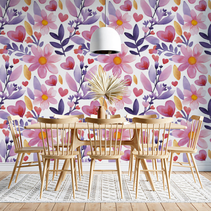 Watercolor floral wall covering in a creative home study room