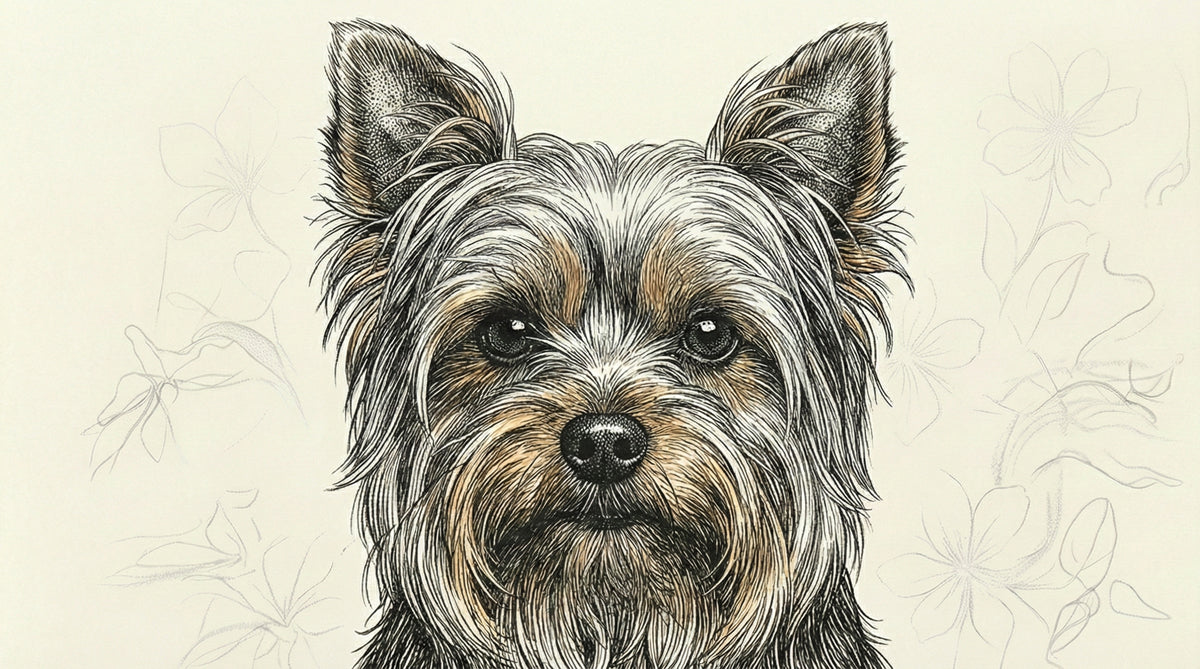 A detailed ink sketch of a Yorkshire Terrier with warm amber and charcoal highlights against a cream floral background.