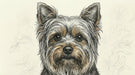 A detailed ink sketch of a Yorkshire Terrier with warm amber and charcoal highlights against a cream floral background.