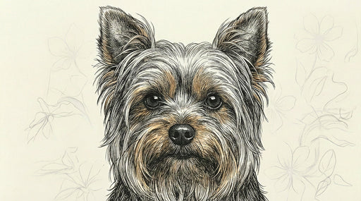 A detailed ink sketch of a Yorkshire Terrier with warm amber and charcoal highlights against a cream floral background.