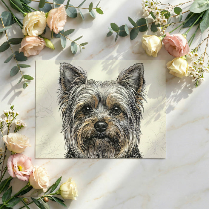 A portrait-style dog wallpaper featured on a bedroom wall behind a neutral linen headboard.