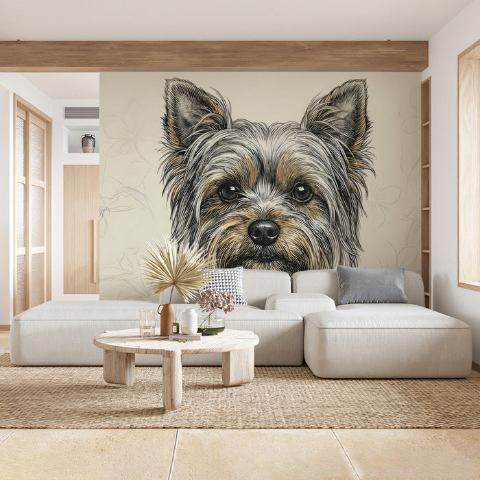 Detailed pet-themed mural wallpaper styled in a bright, minimalist entryway.