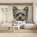 Detailed pet-themed mural wallpaper styled in a bright, minimalist entryway.