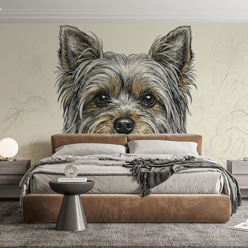 The Yorkie dog mural installed in a cozy home study with wooden furniture and leather seating.