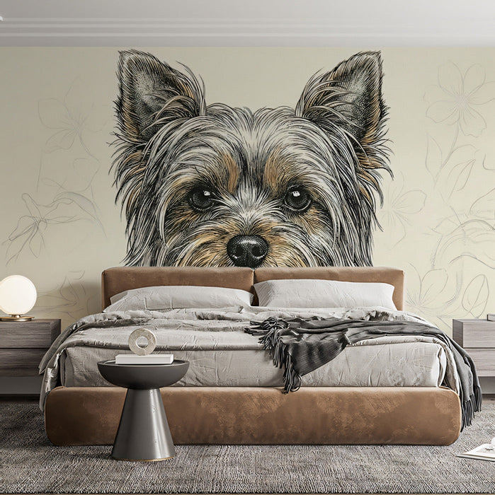 The Yorkie dog mural installed in a cozy home study with wooden furniture and leather seating.