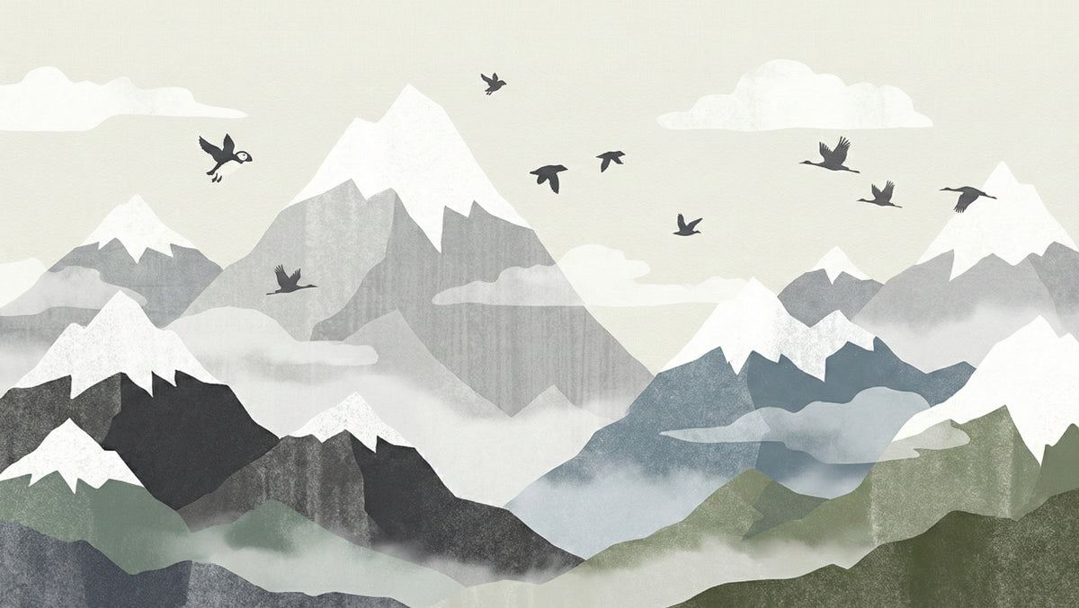 Minimalist mountain range wallpaper with charcoal birds, sage green hills, and white snow-capped peaks on a sand-colored background.