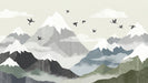Minimalist mountain range wallpaper with charcoal birds, sage green hills, and white snow-capped peaks on a sand-colored background.