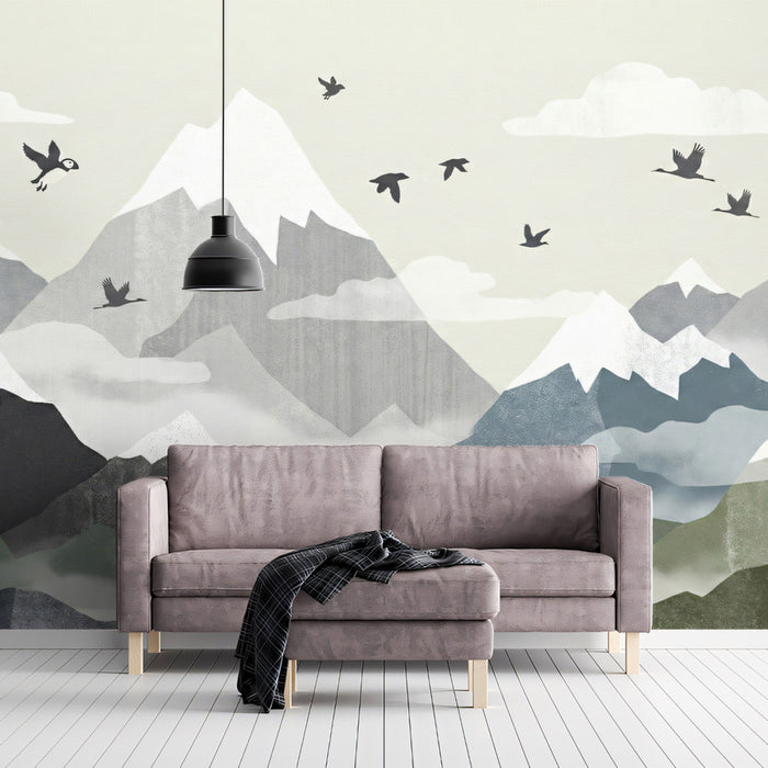 An airy, minimalist hallway featuring a nature-inspired mountain wall mural that adds depth to the long corridor.