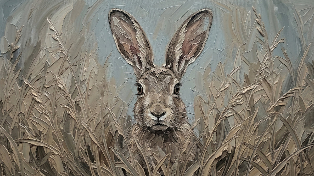 Oil painting style wallpaper featuring a textured hare peering through tall, abstract beige grasses with soft blue undertones.