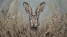 Oil painting style wallpaper featuring a textured hare peering through tall, abstract beige grasses with soft blue undertones.