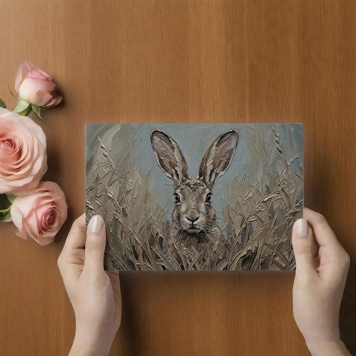 A sophisticated home office interior with the rustic hare mural providing a peaceful, artistic backdrop behind a desk.