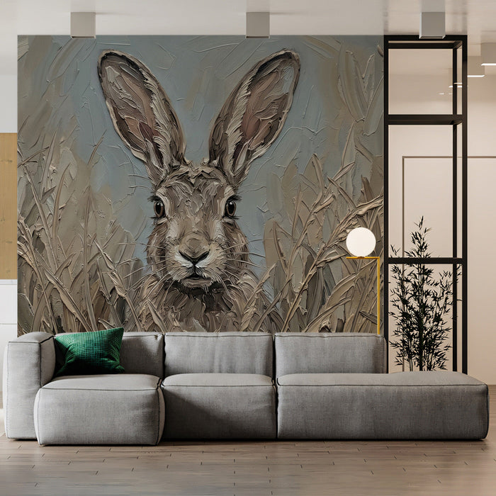 A tranquil reading nook featuring the hare painting mural, accented by a neutral armchair and warm, soft lighting.
