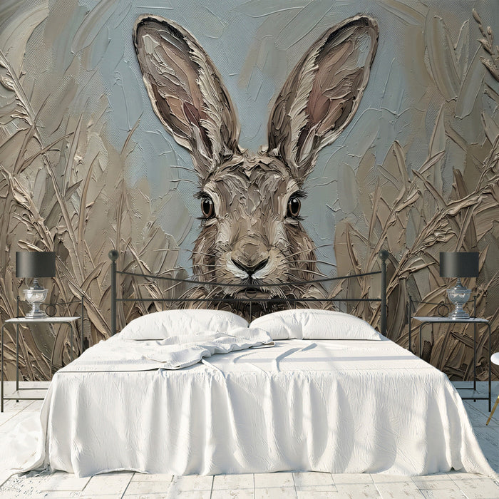 A cozy nursery featuring the textured hare wallpaper on a feature wall, styled with wooden furniture and soft linen textiles.