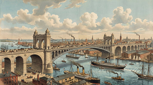 A vintage-style illustration of a large stone bridge over a busy harbor with steamships and city buildings.