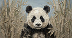 Impressionist style oil painting mural of a panda surrounded by bamboo stalks in muted earthy tones and heavy brushstrokes.