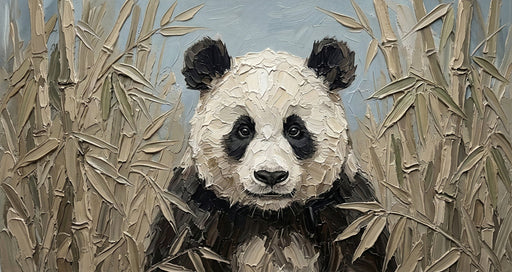 Impressionist style oil painting mural of a panda surrounded by bamboo stalks in muted earthy tones and heavy brushstrokes.