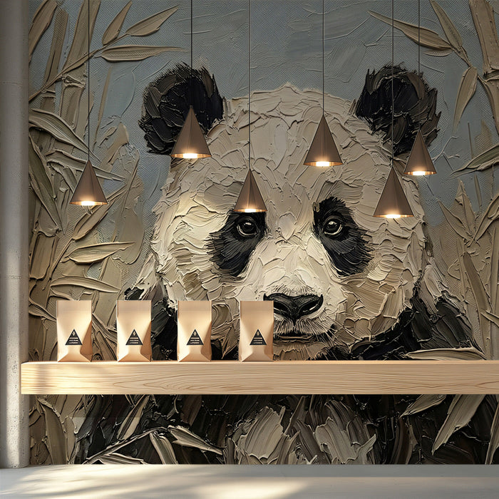 A cozy library reading corner featuring textured panda and bamboo wall art for a refined natural look.