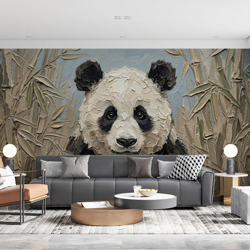 A calming bedroom featuring a panda mural as a feature wall behind a simple wooden headboard.