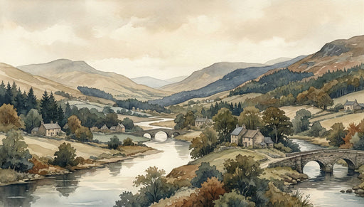 A watercolor landscape of a river valley with stone bridges, rolling hills, and rural cottages in sage, slate, and sepia tones.