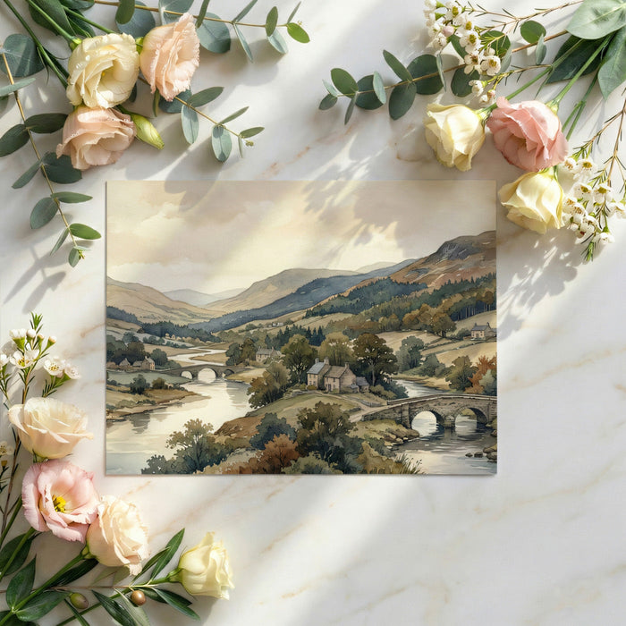 A tranquil dining room space featuring a watercolor river valley wallpaper, paired with warm wood furniture and natural light.