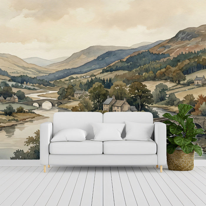 A professional study room interior with a serene landscape mural on the accent wall, providing a calm backdrop for focused work.