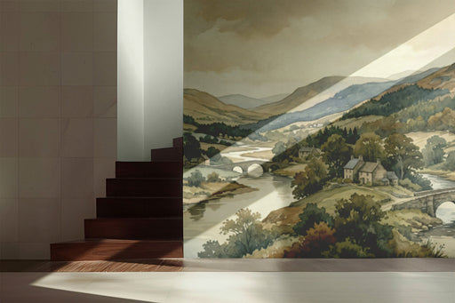 A cozy bedroom featuring a landscape mural wallpaper behind a wooden headboard, creating a peaceful pastoral retreat.