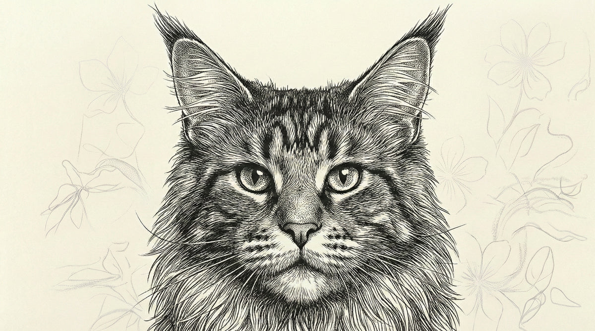 Fine line ink illustration of a Maine Coon cat with sketch-style floral outlines on parchment paper
