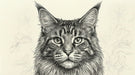 Fine line ink illustration of a Maine Coon cat with sketch-style floral outlines on parchment paper