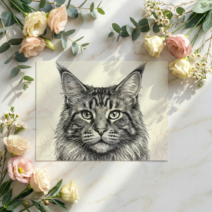 Monochromatic cat mural drawing acting as a creative backdrop for a home office desk