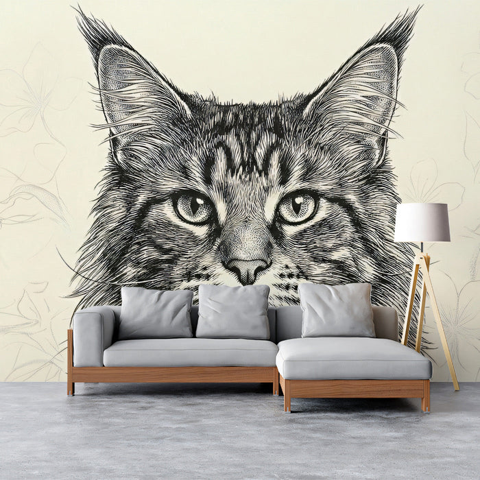 Artistic ink drawing of a Maine Coon cat wallpaper in a cozy library reading corner