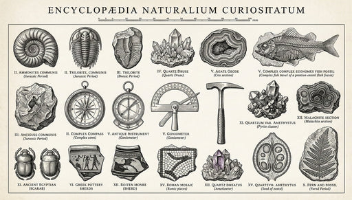 Vintage-style scientific illustration wallpaper featuring fossils, crystals, compasses, and historical artifacts on parchment paper.