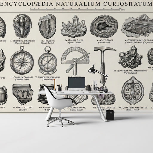 An elegant study room wall covered in a botanical and geological discovery mural with a clean, scholarly aesthetic.