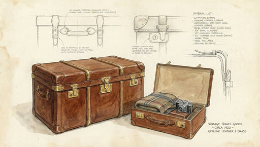 A vintage-style illustration of travel trunks and luggage with technical sketches on an aged paper background.