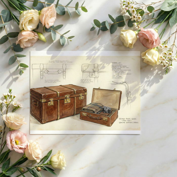 Classic luggage illustration wallpaper featured in a masculine bedroom with dark wood accents.