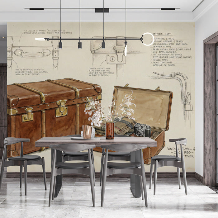 Exploration-themed travel trunk mural in a library filled with leather-bound books.