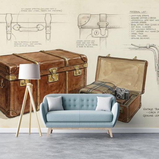 Vintage travel trunk mural installed behind a leather desk in a home study.