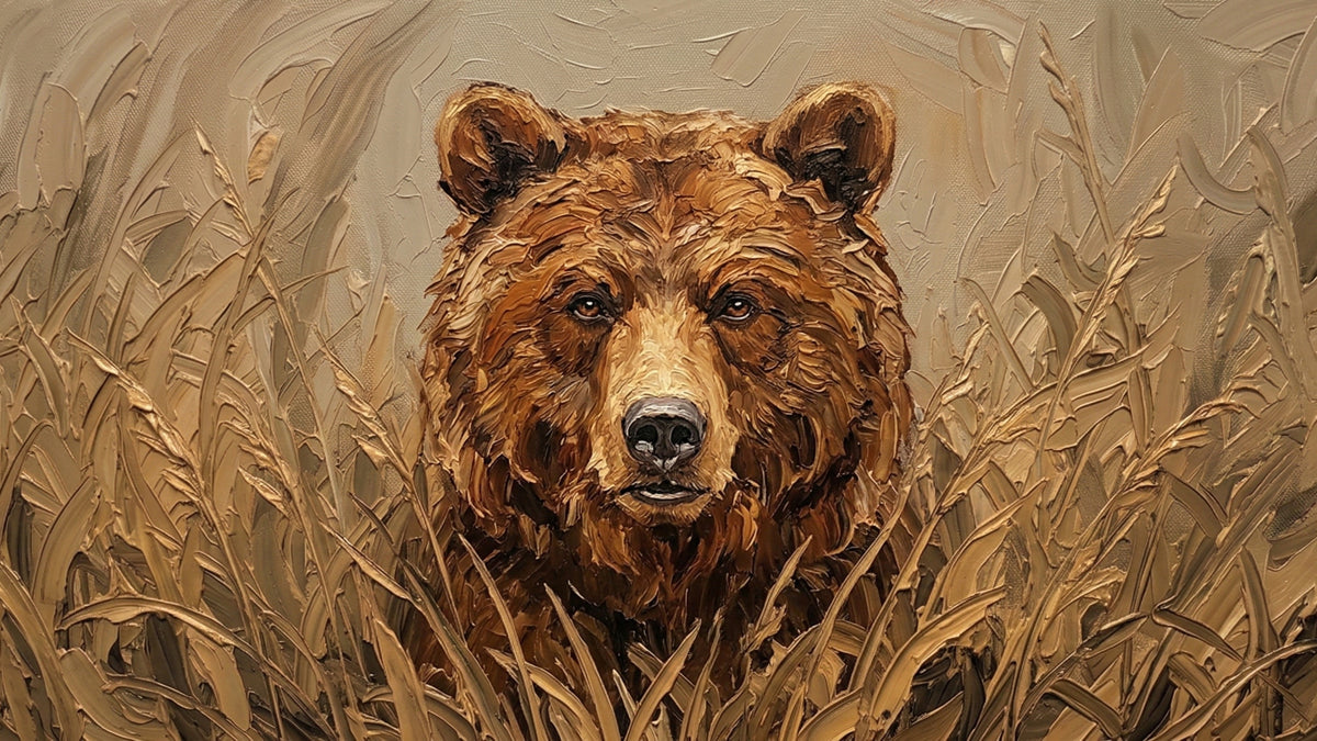 A grizzly bear portrait in an oil painting style with thick brushstrokes and earthy ochre and brown tones
