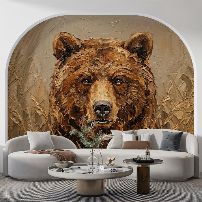 A bedroom with the wildlife bear mural creating a warm and grounded focal point