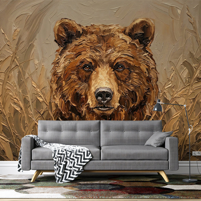 A cozy living room featuring the bear mural as a statement wall behind a leather sofa