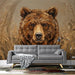 A cozy living room featuring the bear mural as a statement wall behind a leather sofa