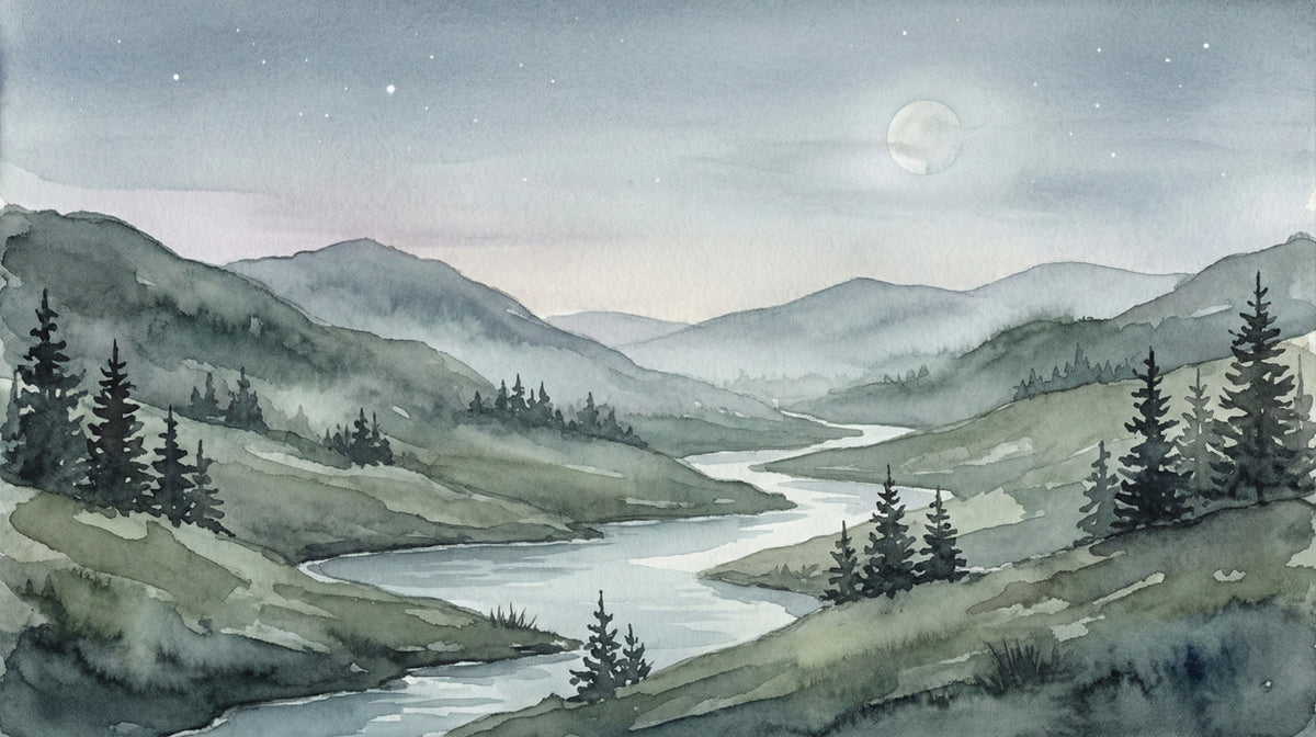 Watercolor landscape mural featuring a moonlit river, pine trees, and rolling green mountains in shades of sage and slate blue.