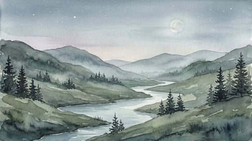 Watercolor landscape mural featuring a moonlit river, pine trees, and rolling green mountains in shades of sage and slate blue.