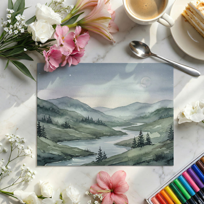 A cozy home office space with the moonlit river wallpaper as a sophisticated backdrop.