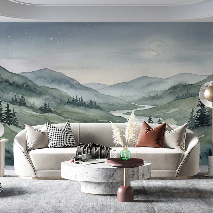 A spacious living room featuring the watercolor landscape wall mural behind a neutral linen sofa.